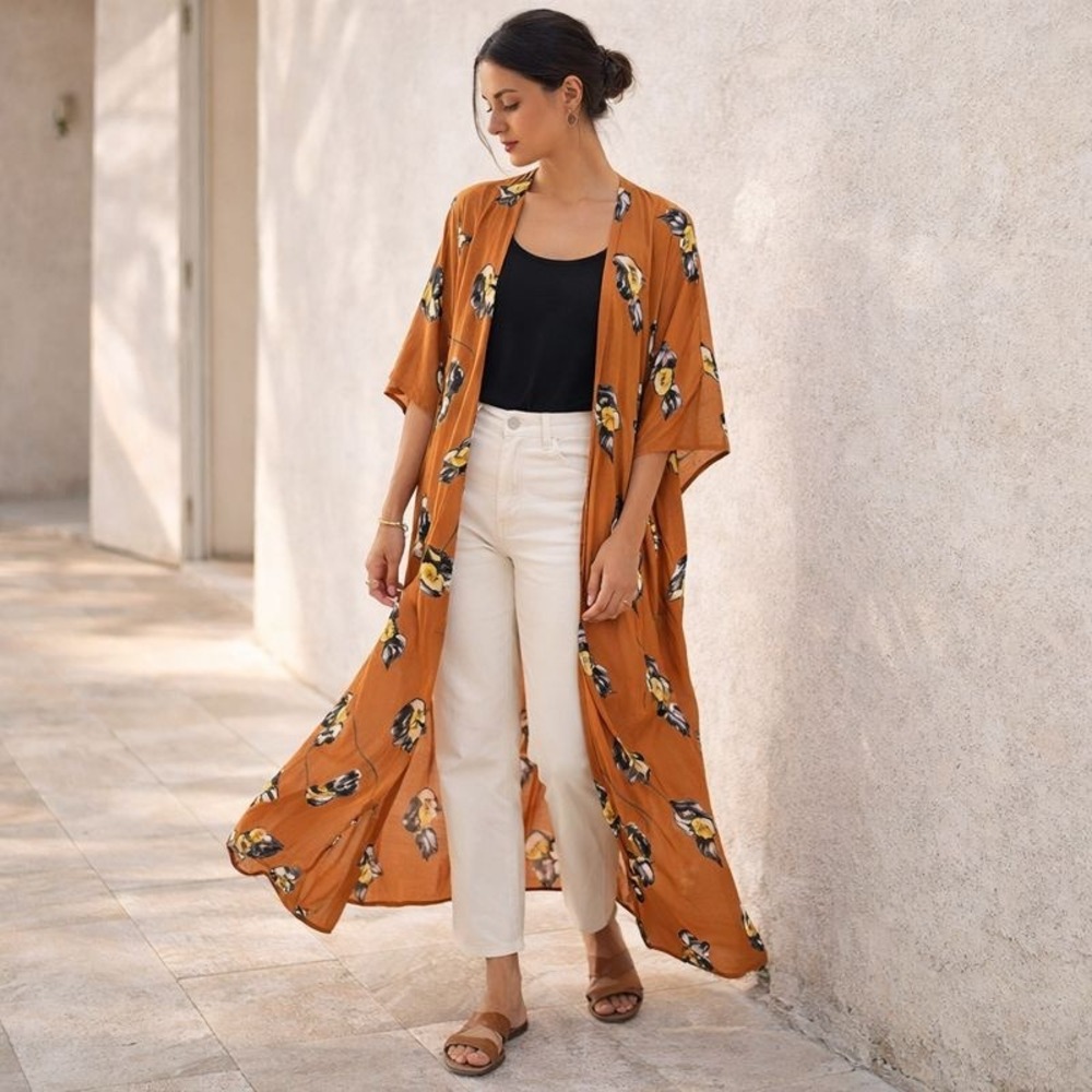 Anthropologie‎ Bel Kazan Lois Floral Duster Kimono Boho Maxi Layer One Size